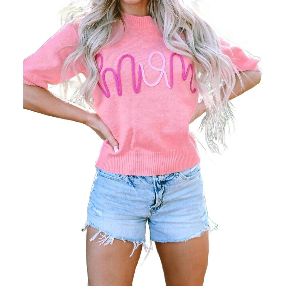 NEW THREADED PEAR maxine mom tinsel front short sleeve sweater in pink